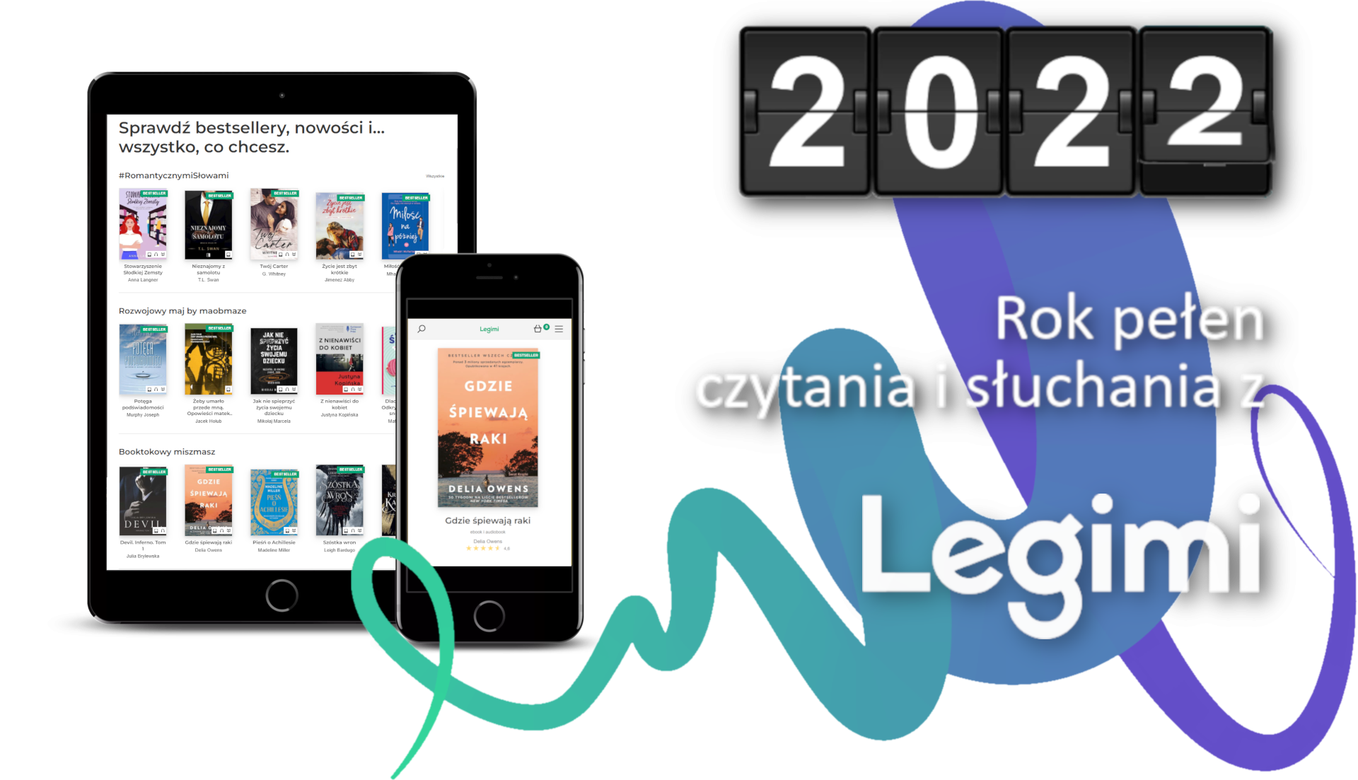 Slider promujący Legimi - logo i grafika Legimi, tablet, smartfon i kalendar z rokiem 2022