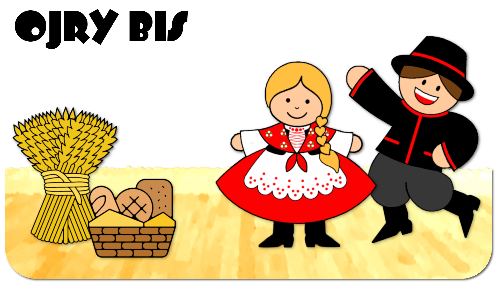 Fragment plakatu spotkania - tańcząca para ubrana w ludowe stroje oraz snop zboża i kosz chleba