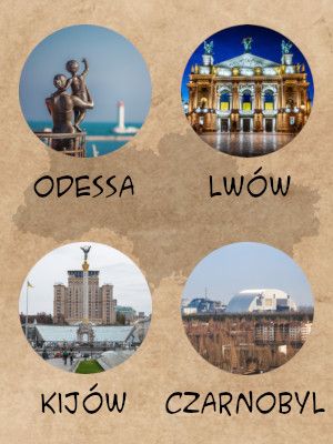 Fragment plakatu spotkania ze zdjęciami z Odessy, Lwowa, Kijowa i Czarnobyla