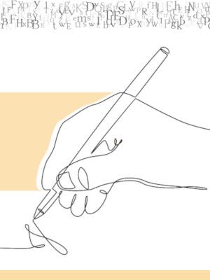 Fragment plakatu konkursu - pisząca dłoń z piórem